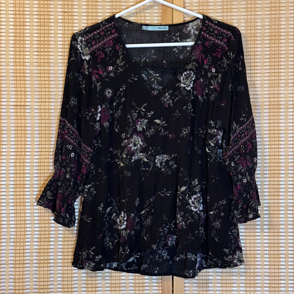 Maurices Womens Black Floral V-Neck 3/4 Ruffle Sleeve Peplum Blouse Top Medium M